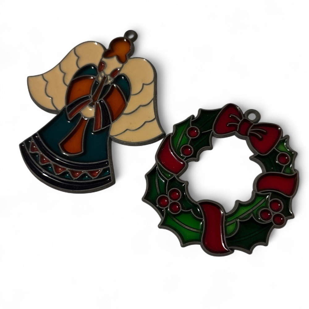 VTG Taiwan Faux Stained Glass Angel & Wreath Christmas Ornaments Set of 2